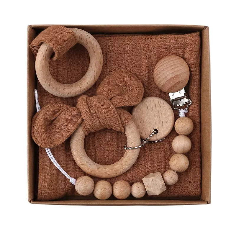 Natural cotton baby bath toy set with wooden rattle and comfort towel