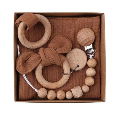 Natural cotton baby bath toy set with wooden rattle and comfort towel