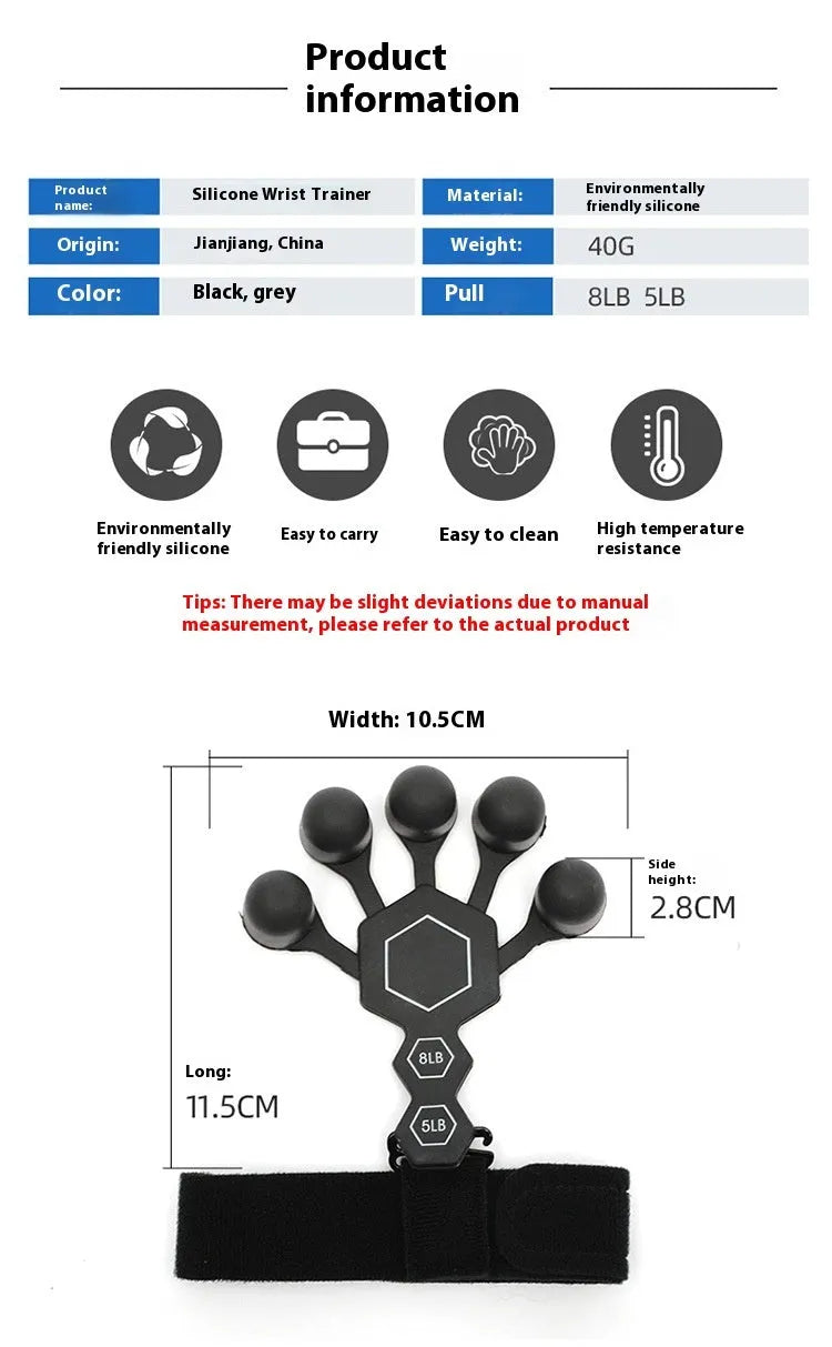 Grey and black silicone hand trainer for adult finger rehabilitation and strength exercises