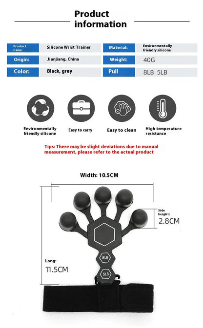 Grey and black silicone hand trainer for adult finger rehabilitation and strength exercises