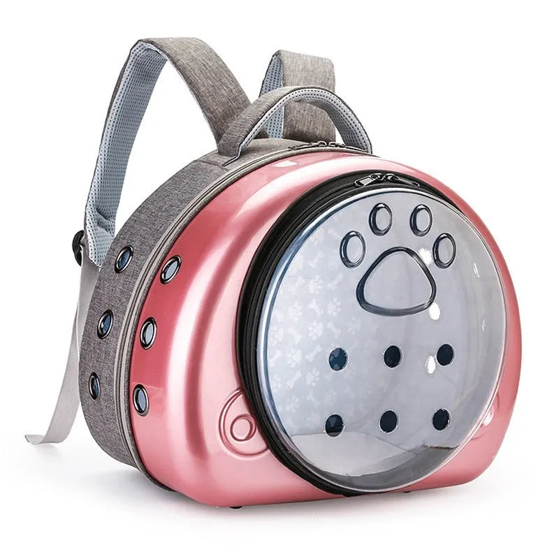 Transparent space capsule cat carrier with metallic front cover in choice of rose gold, silver, or champagne gold