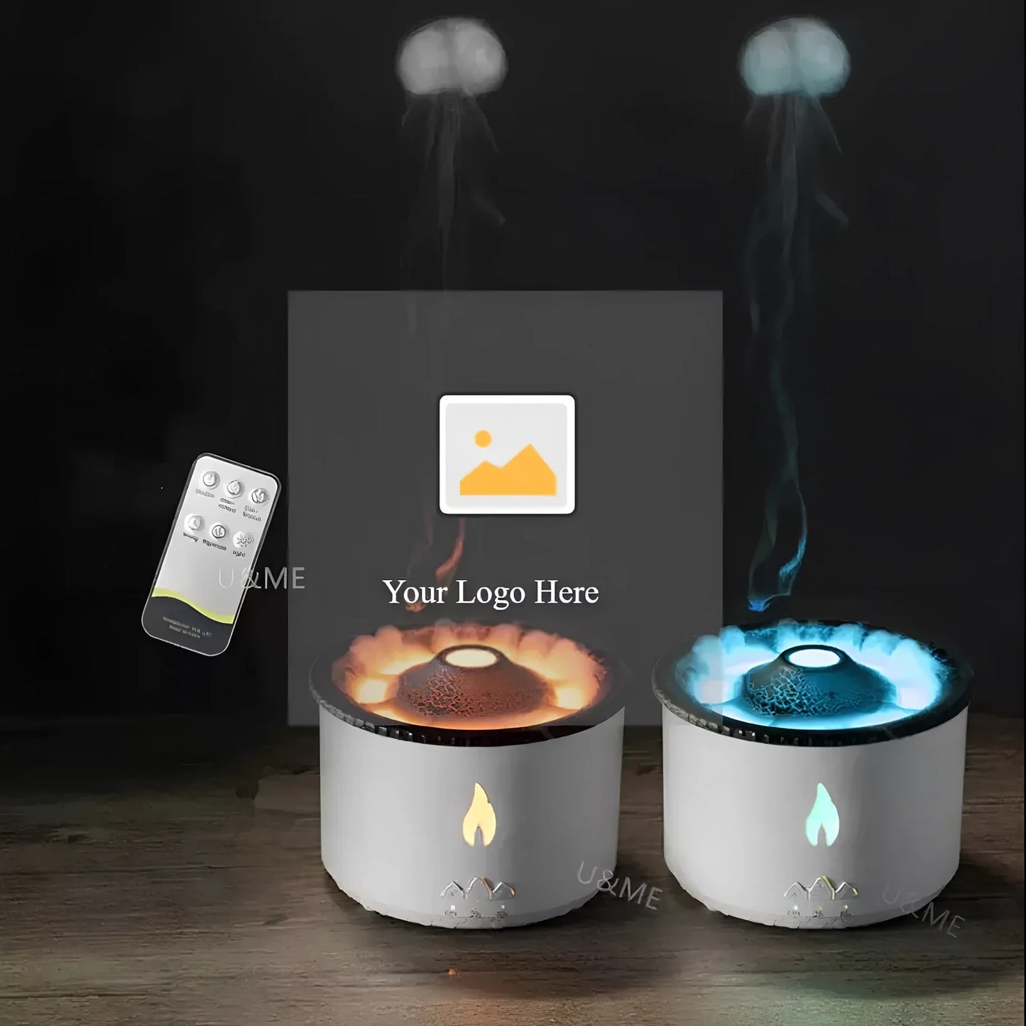 White volcano-shaped humidifier diffuser with flame lighting effect and remote control on wooden surface