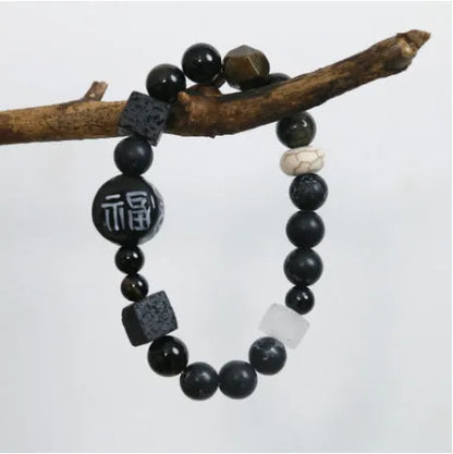 Hand-woven natural black agate ceramic bracelet with geometric design and round elements