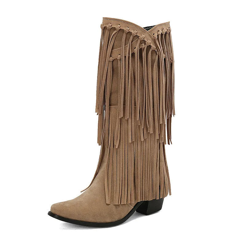 Women's knee-high suede boots with a chunky heel and square toe.