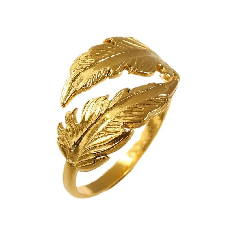 Women's adjustable stainless steel feather ring in gold or silver colour