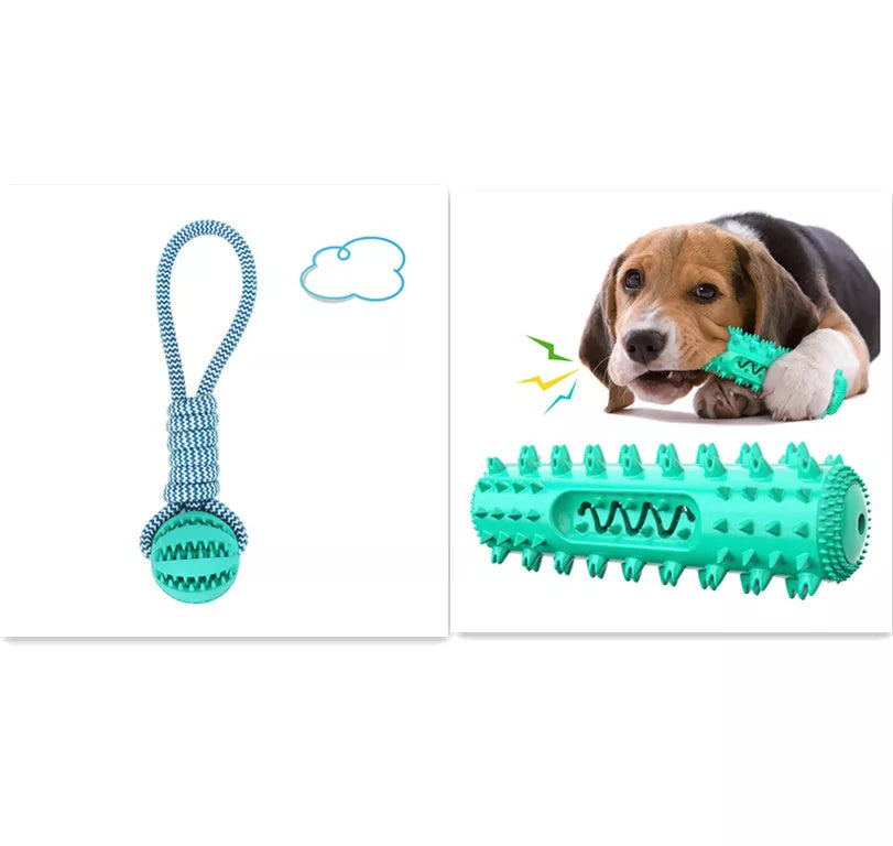 Interactive dog chew toy with rubber ball and cotton rope for dental health
