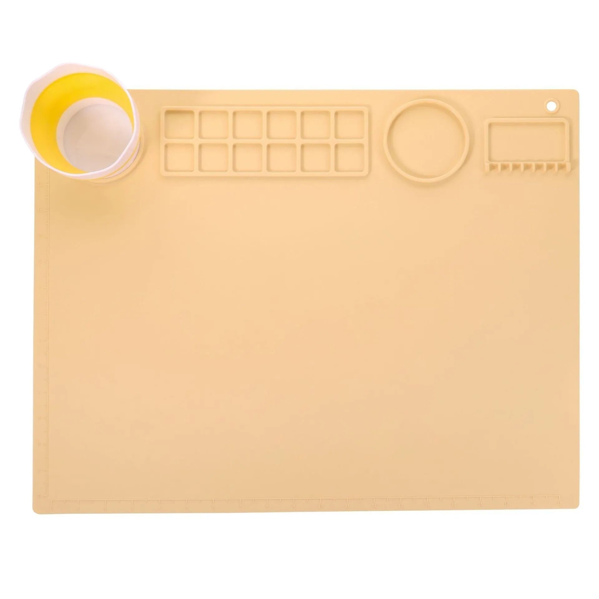 Silicone double bowl painting mat in green colour, 50x40cm with integrated mixing bowls for watercolour art