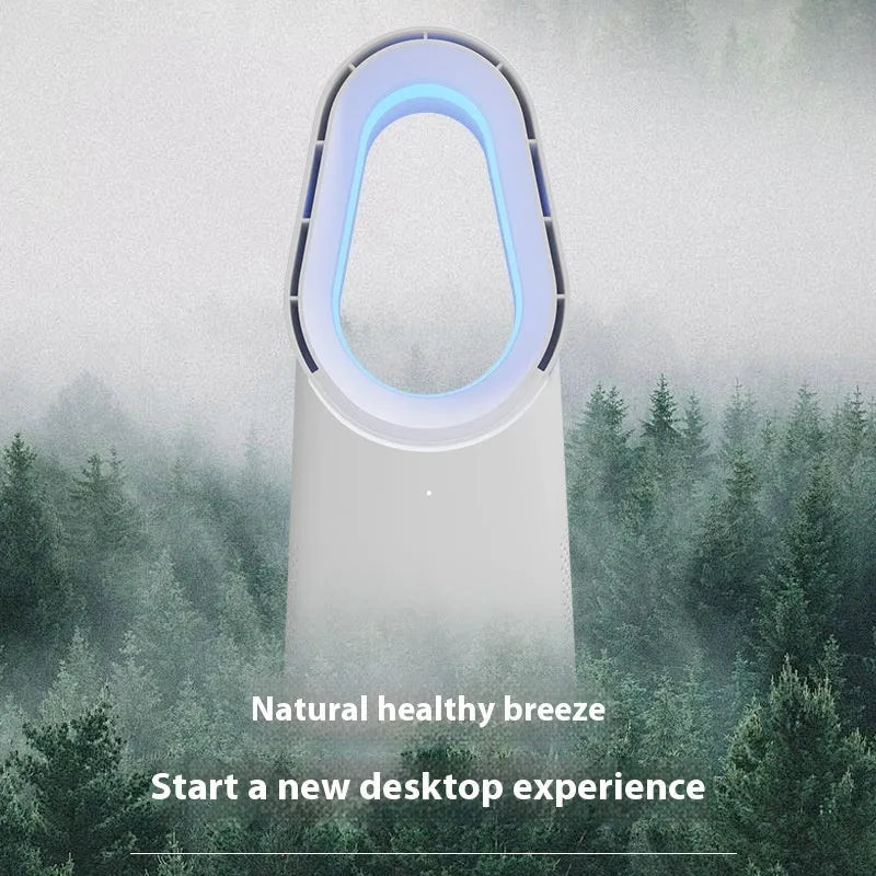 White SK bladeless tower fan with remote control on a wooden desk.