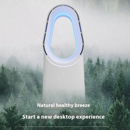 White SK bladeless tower fan with remote control on a wooden desk.