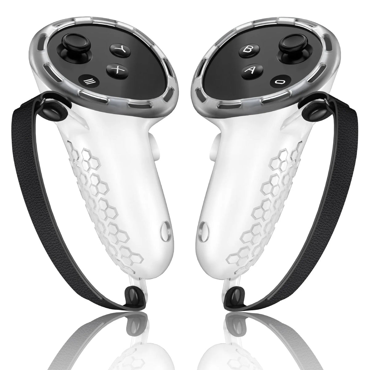 Meta Quest 3 VR controller with black silicone protective sleeve and wrist strap attached