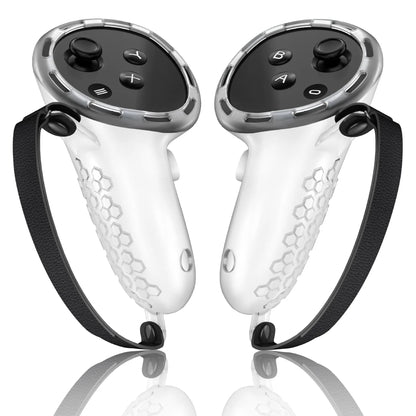 Meta Quest 3 VR controller with black silicone protective sleeve and wrist strap attached