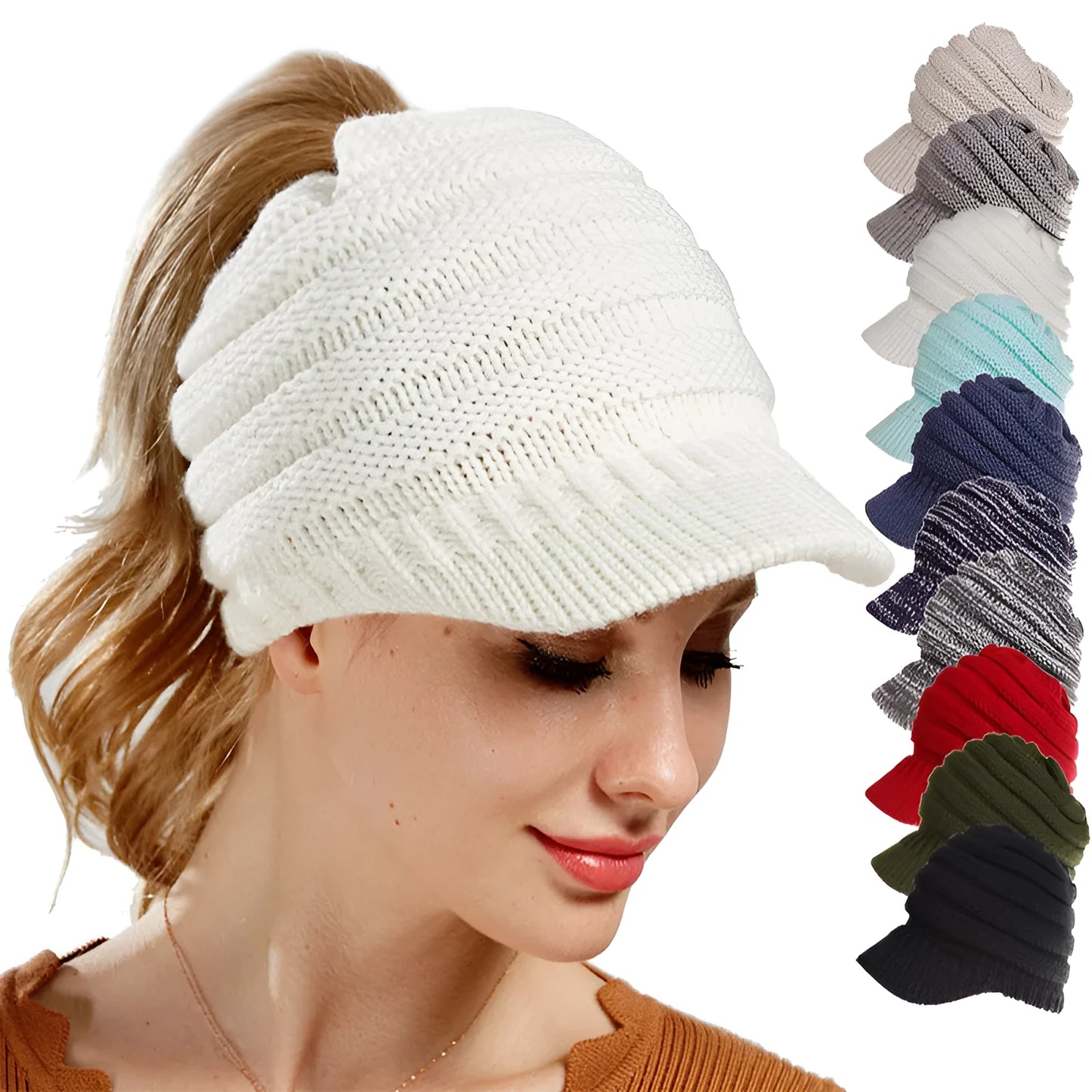 Woman wearing a light grey knitted ponytail beanie with her ponytail pulled through the hole in the back.