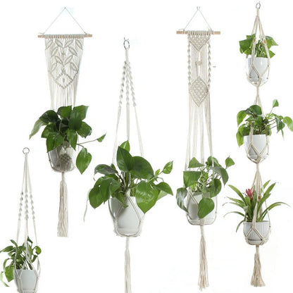 Beige cotton rope hanging basket with various styles for indoor plant display