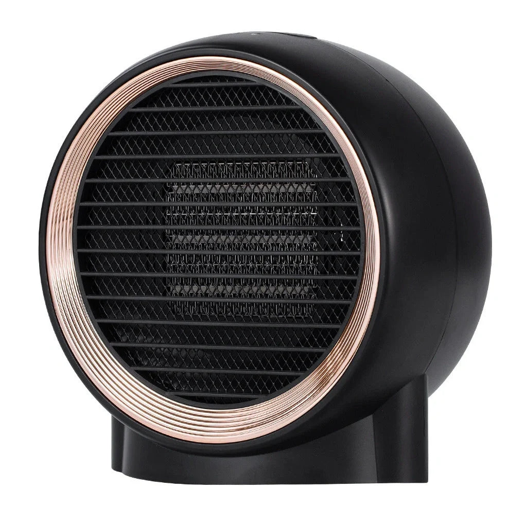 Compact white desktop fan heater measuring 184.5mm wide with PTC ceramic heating technology