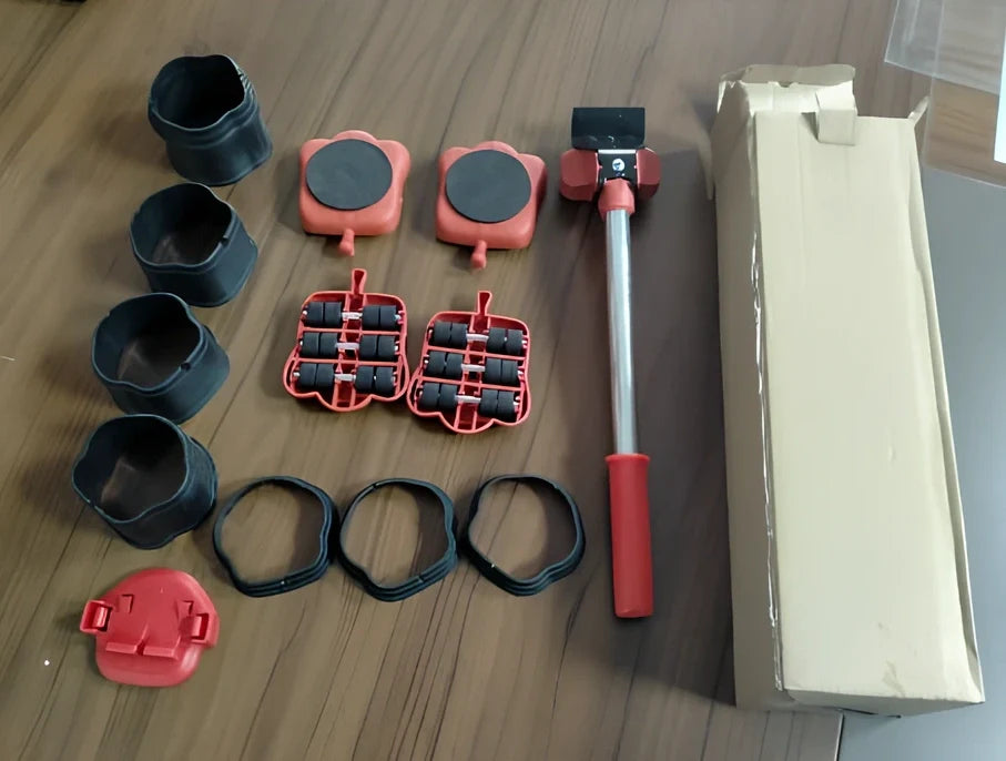 13-piece plastic heavy object mover set with 340mm base for 200kg loads, including levers and grips for safe sliding