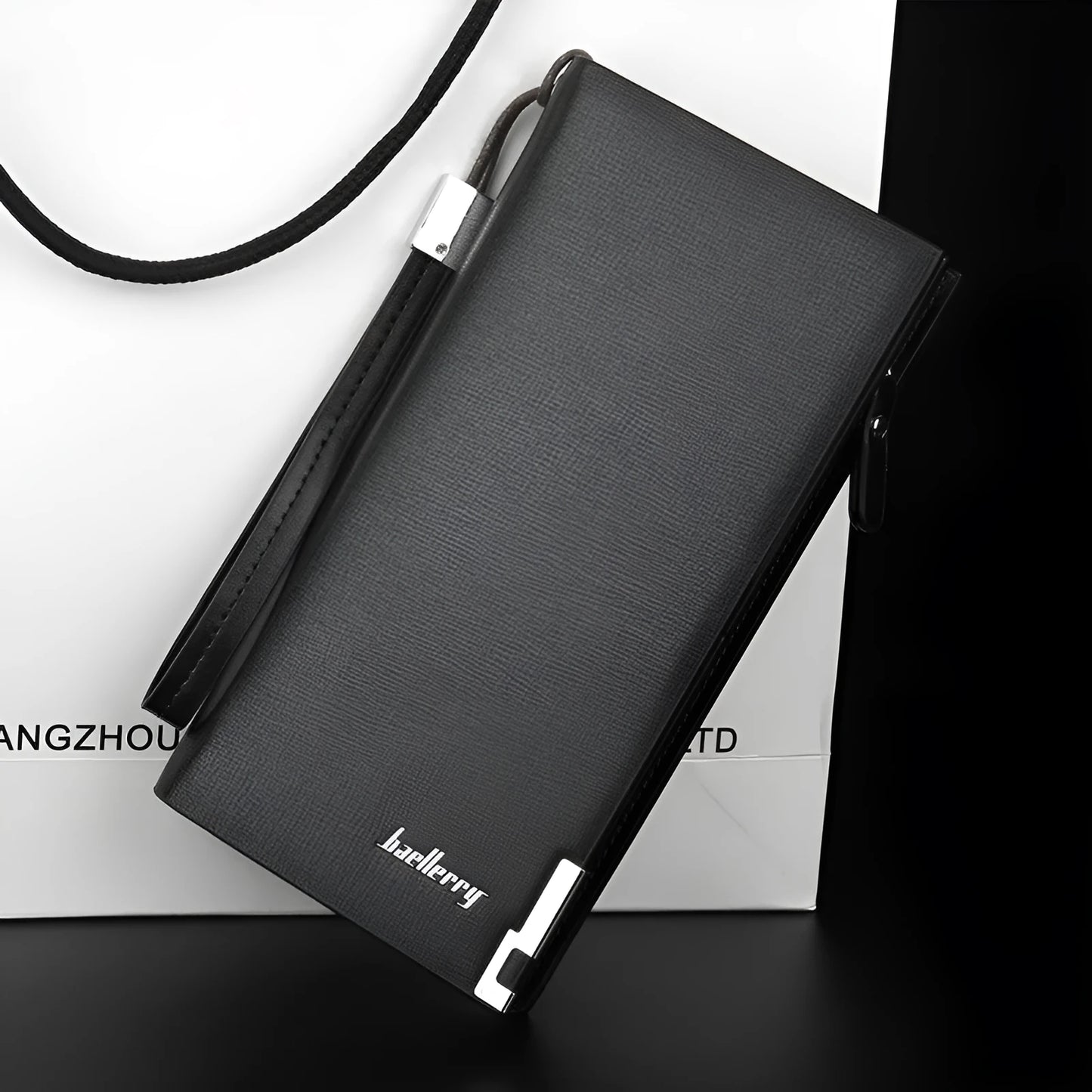 Men's black PU leather zipper wallet open to show seven card slots and a zippered coin compartment.