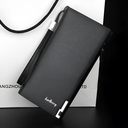 Men's black PU leather zipper wallet open to show seven card slots and a zippered coin compartment.