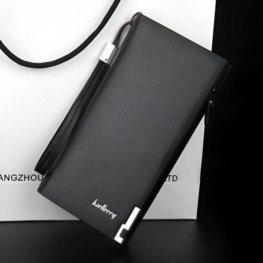 Men's black PU leather zipper wallet open to show seven card slots and a zippered coin compartment.