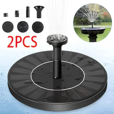 Black solar fountain with water spray in garden pond showing 55cm height and four nozzle options