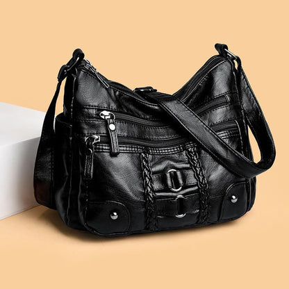 PU shoulder messenger bag with single strap, open outer pocket, and zip inner compartment in black, red, brown, or beige.