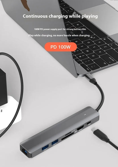 LQT-LH07 7-in-1 card reader PD computer hub with aluminium housing showing seven ports