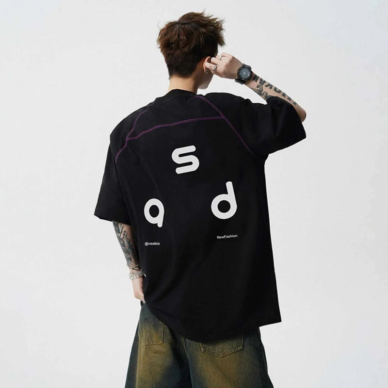Cotton letter print short-sleeve T-shirt in a loose fit with round neck collar, available in sizes M, L, XL, 2XL and colours black, white, black upgraded, and white upgraded, casual style with printed lettering design for everyday wear.