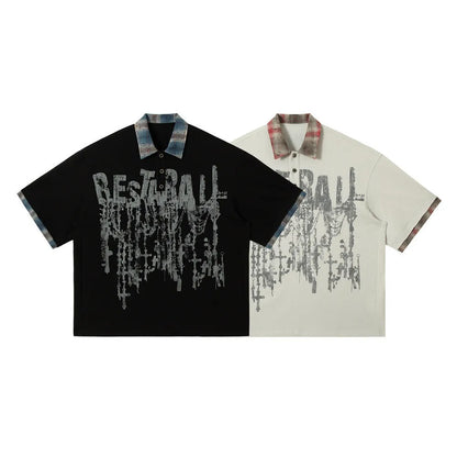 Men's asymmetric lapel graffiti print cotton top in loose fit with short sleeves for summer street style