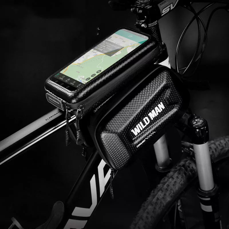 Black PU leather mountain bike phone and belongings pouch with 1L capacity