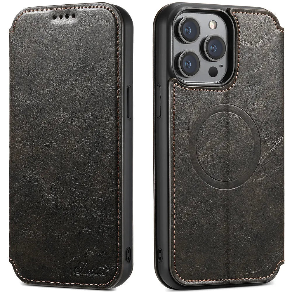 Magnetic leather iPhone case with bracket and card slot, PU TPU, Black Blue Brown Khaki, for iPhone 12 to 15 Pro Max