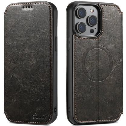 Magnetic leather iPhone case with bracket and card slot, PU TPU, Black Blue Brown Khaki, for iPhone 12 to 15 Pro Max