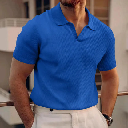 Men's lapel collar waffle knit T-shirt in slim fit, shown in a solid colour.