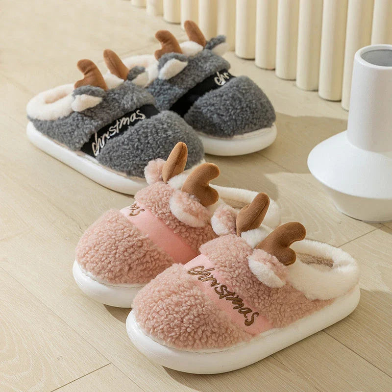 Cozy elk-themed slippers with plush suede uppers and supportive EVA soles in a variety of dreamy colors
