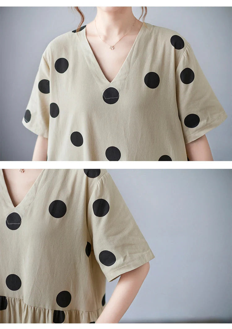 Loose-paneled cotton and linen V-neck short-sleeved dress in apricot, perfect for summer