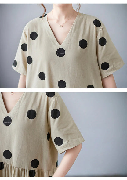 Loose-paneled cotton and linen V-neck short-sleeved dress in apricot, perfect for summer