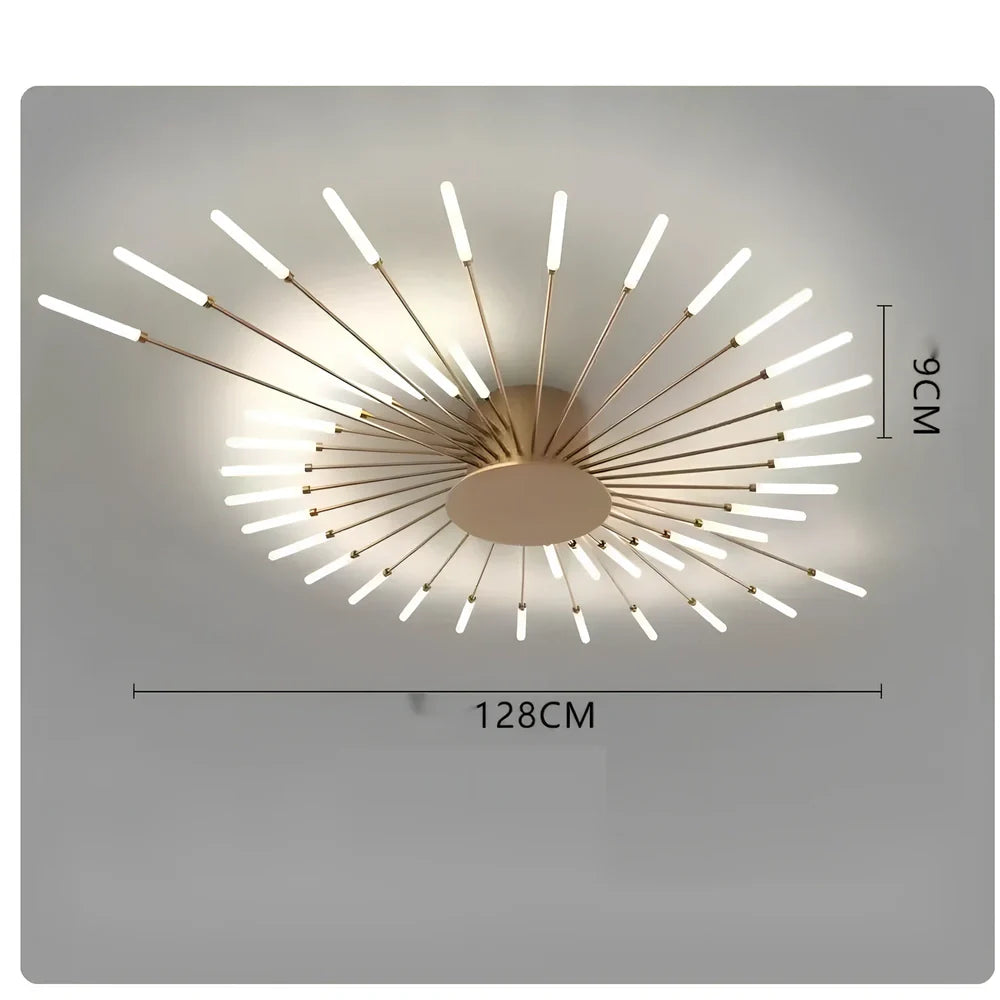 Ceiling room light with decorative iron framework and multiple bulb heads in gold or sand black finish