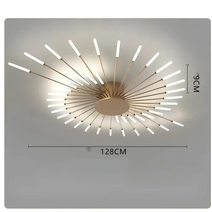 Ceiling room light with decorative iron framework and multiple bulb heads in gold or sand black finish