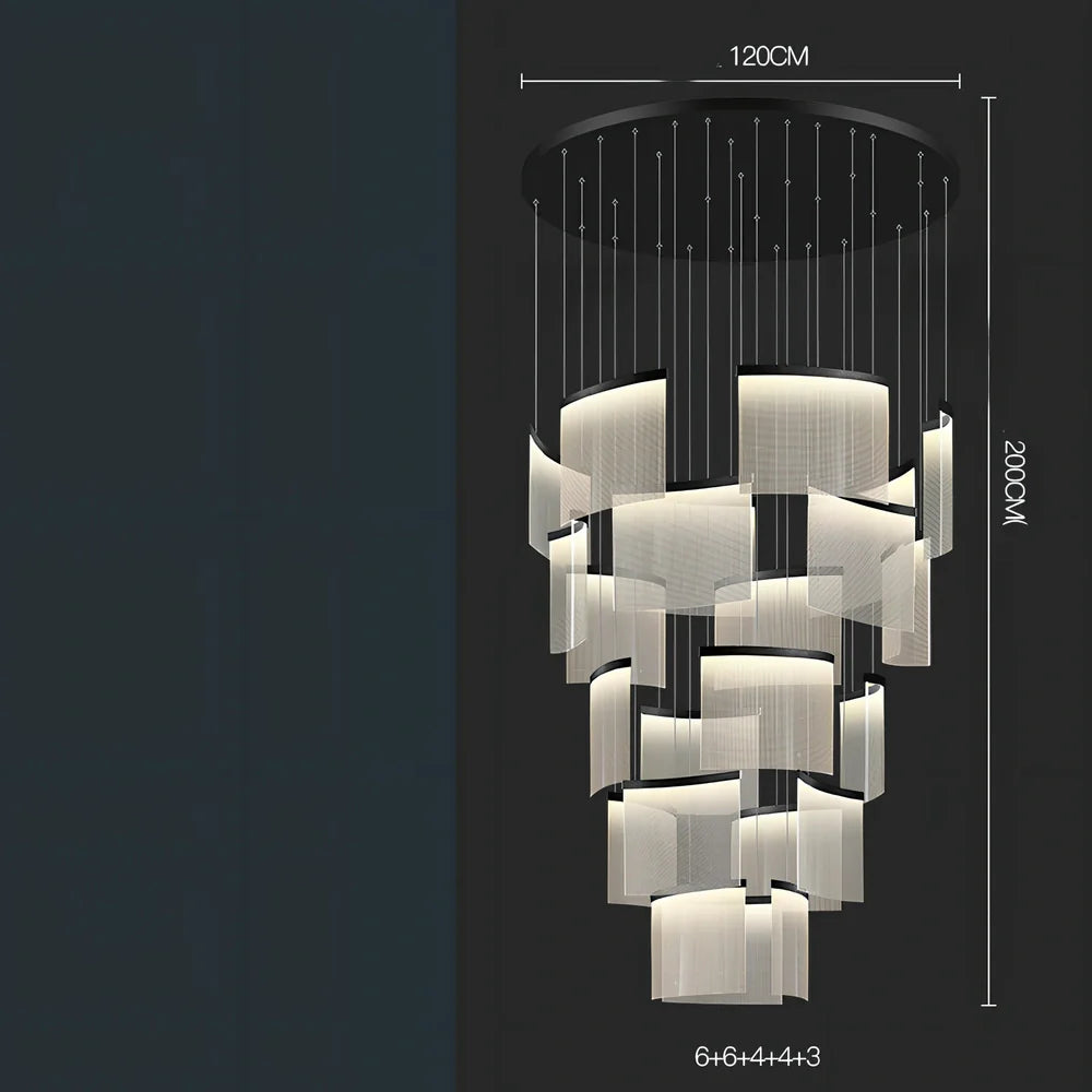 Villa Duplex large chandelier with multiple LED heads and gold mesh grid on stainless steel pendant