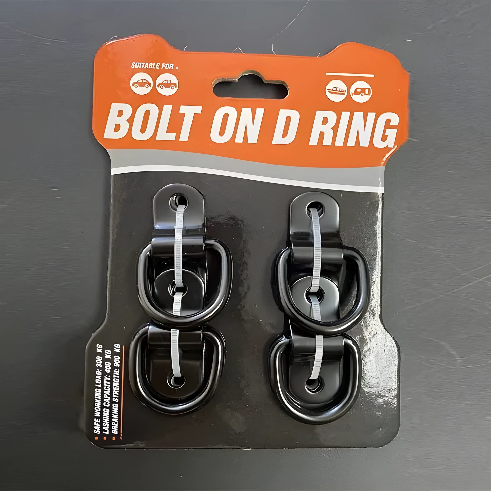 Black galvanised carbon steel truck floor hook with a pull ring for securing cargo straps.
