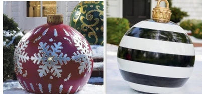 Vibrant, inflatable Christmas ornaments in various holiday designs for outdoor decoration