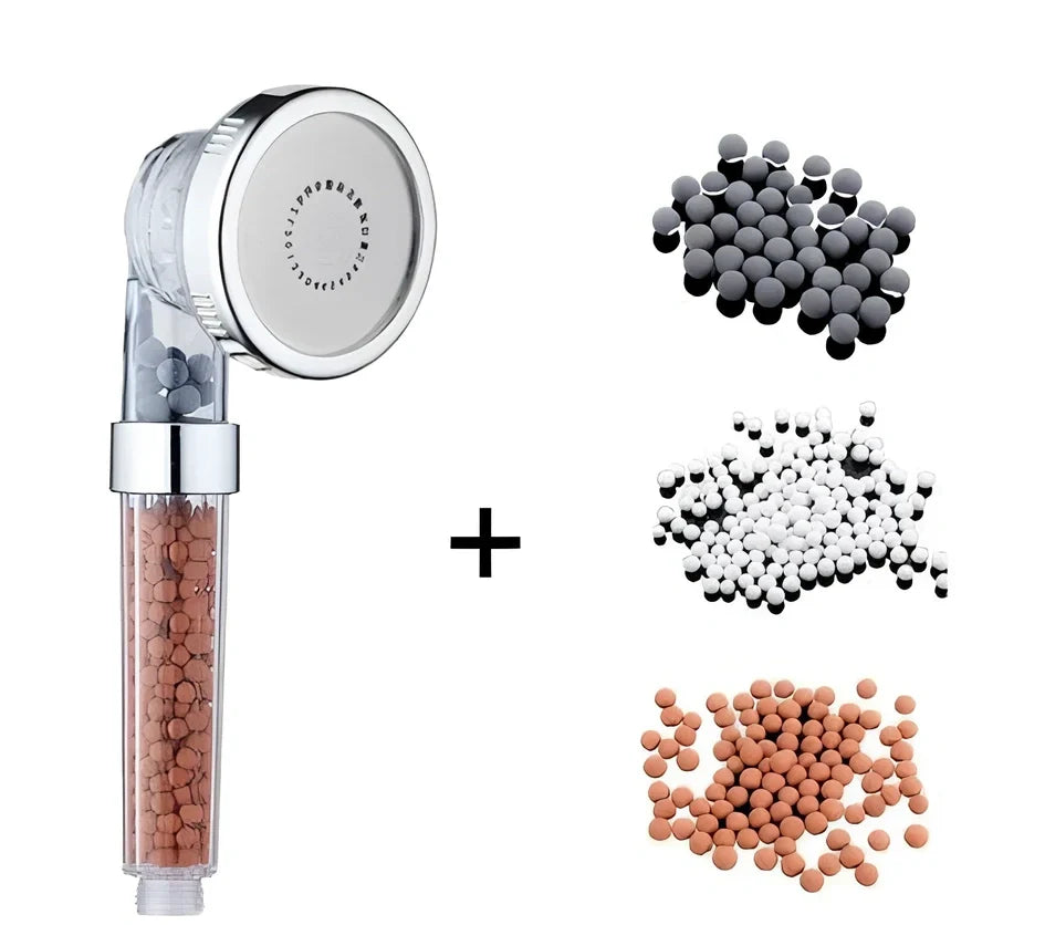 Pressurised shower head with stainless steel panel showing three water mode settings and removable nozzles