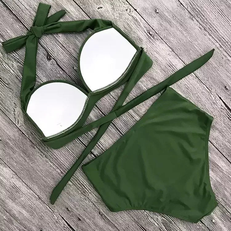 High waist European and American bikini in solid colors with chest pad