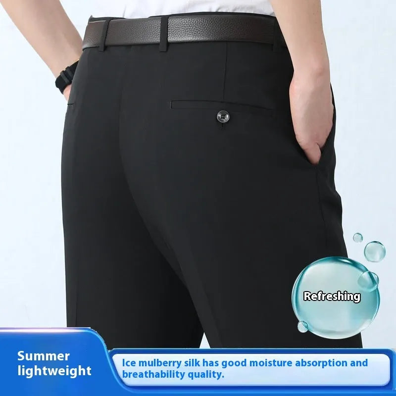 Men's dark blue high-waisted straight-leg non-ironing trousers made from a silk blend fabric.