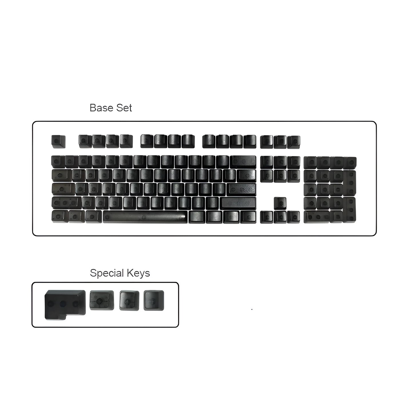 Set of 104 transparent blank PBT keycaps for mechanical keyboards in orange, white, blue, and black colours.