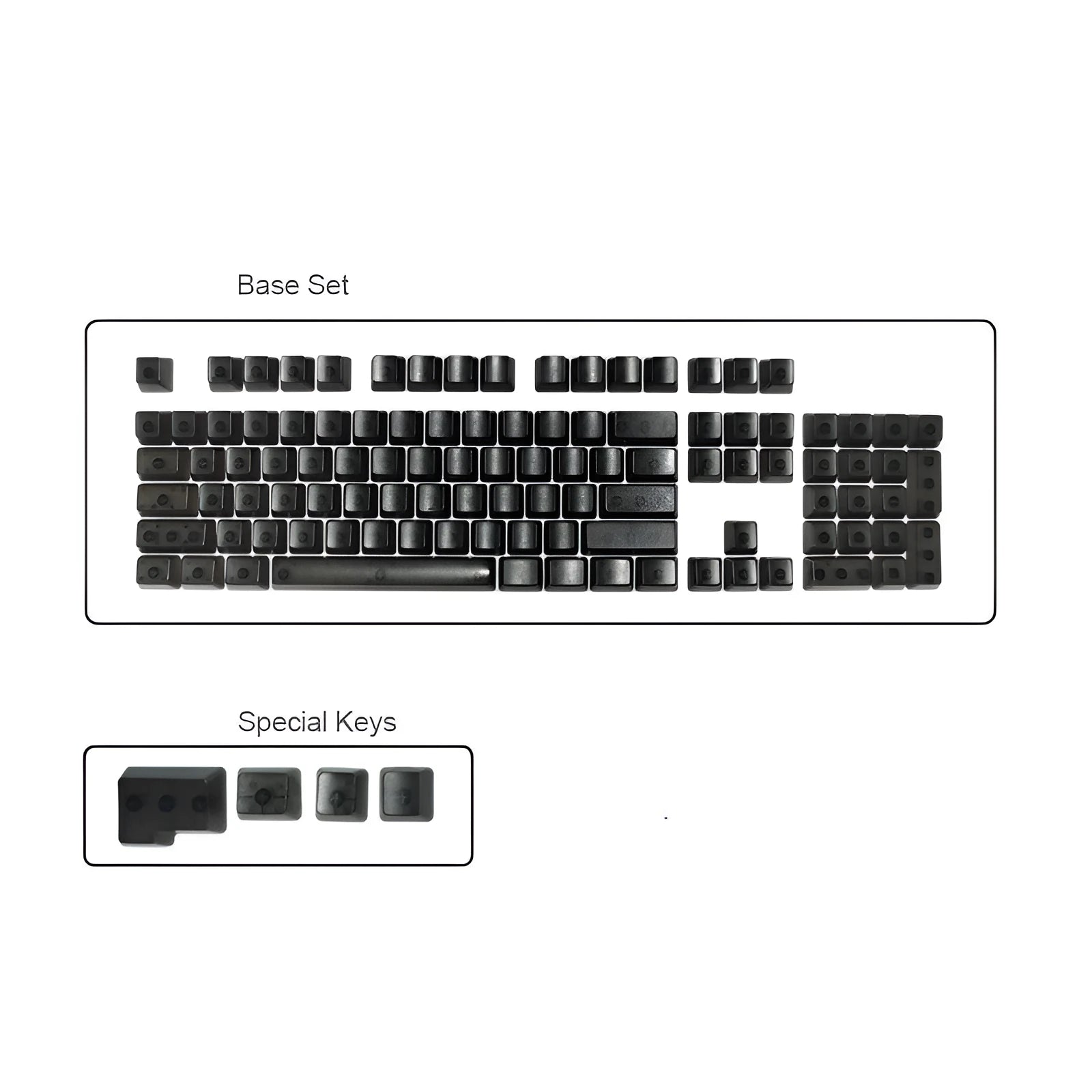Set of 104 transparent blank PBT keycaps for mechanical keyboards in orange, white, blue, and black colours.