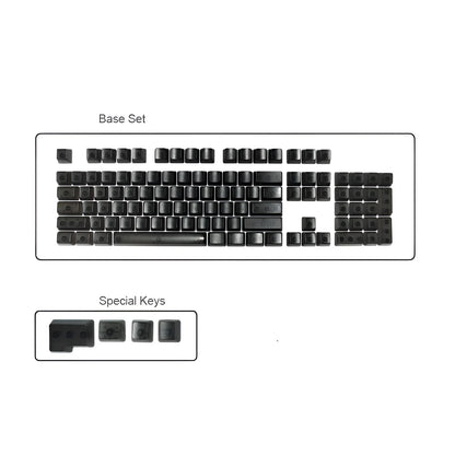 Set of 104 transparent blank PBT keycaps for mechanical keyboards in orange, white, blue, and black colours.