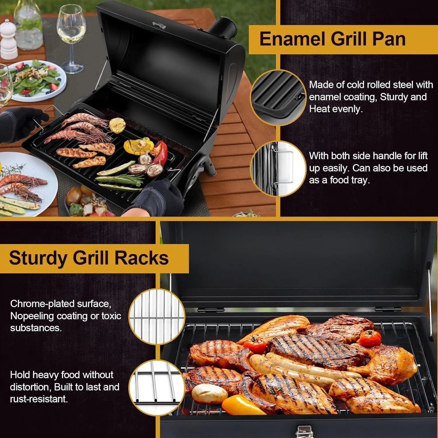 Small folding desktop charcoal barbecue showing 25cm cooking surface and compact 5cm folded thickness