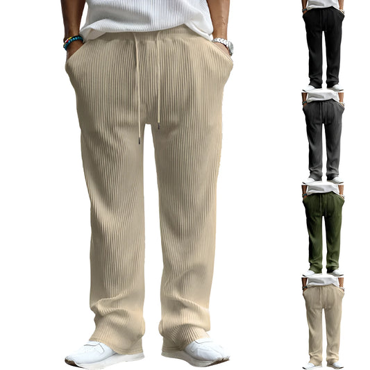 Men's casual loose striped high waist straight trousers in Army Green with micro elasticity