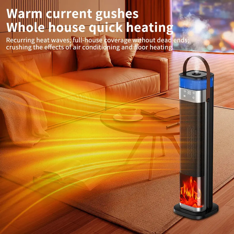Intelligent vertical heater with humidification function, remote control, and compact design measuring 16x16x52.6 cm