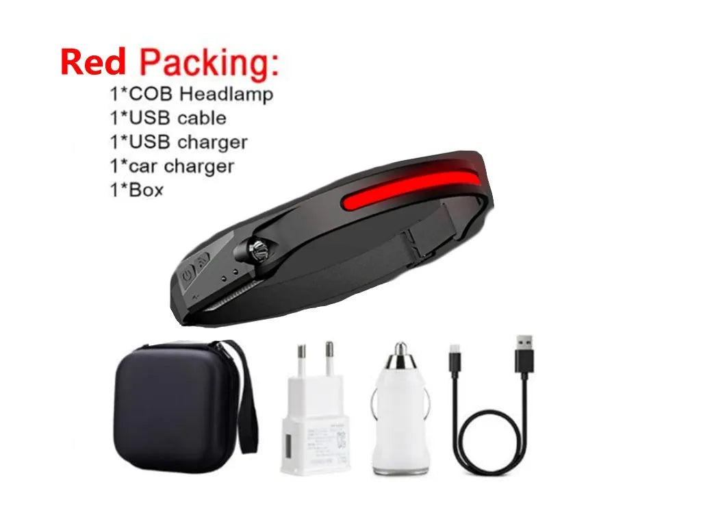 Black silicone USB rechargeable headlamp with a wide COB LED lens and a side wave sensor.