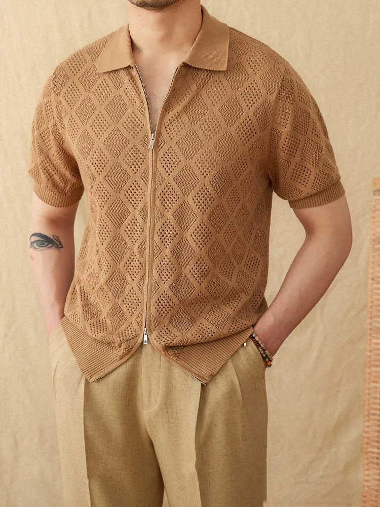 Cotton zipper hollow short sleeve lapel cardigan casual top in light brown colour on hanger